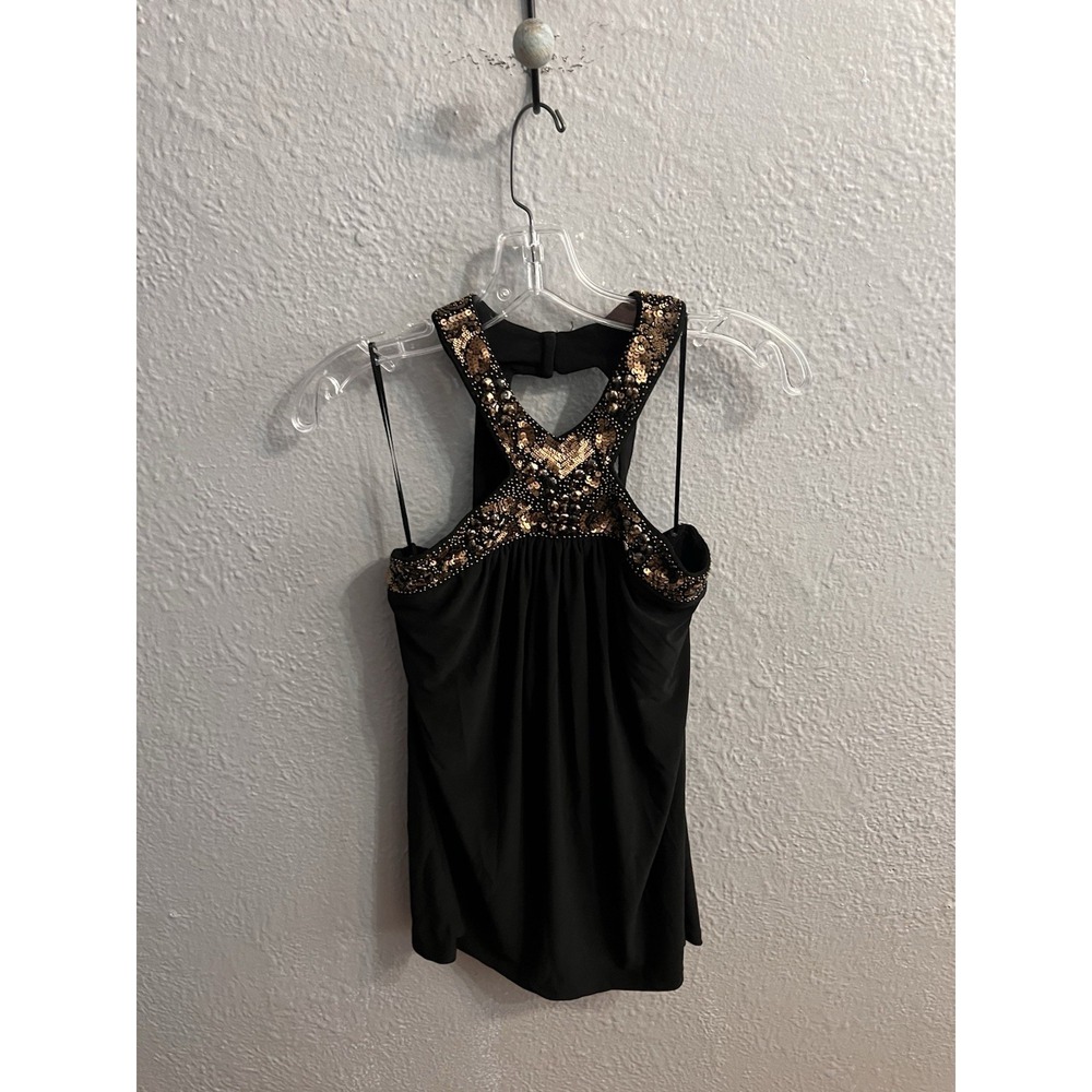 Cache Black Gold Sequins Shirt Womens Sleeveless Pullover Size XS